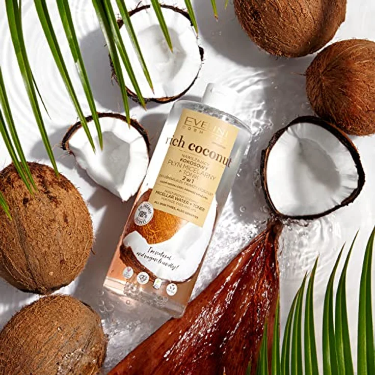 Eveline Cosmetics Rich Coconut, Feuchtigkeitsspendende Kokosmizellen-Flüssigkeit und Toner 2 in 1, 500 ml, mit bis zu 96% natürlichen Inhaltsstoffen – Bild 2