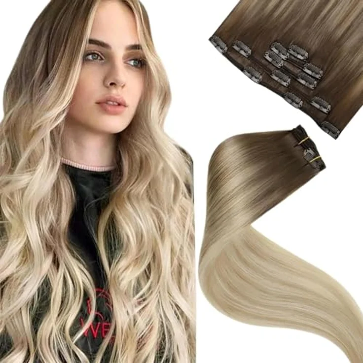 LaaVoo Echthaar Clip in Extensions 40cm Ombre Balayage, Hellbraun bis Dunkel Aschblond mit Platinblond, 70g/5PCS, Remy Haarverlängerung glatt – Bild 1