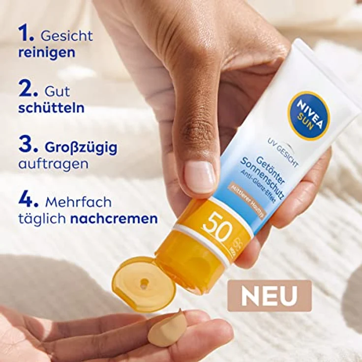 NIVEA SUN Sonnencreme fürs Gesicht LSF 50, feuchtigkeitsspendende Gesichtssonnencreme, getönte Sonnencreme für ebenmäßigen Teint, SUN UV Gesicht getönter Sonnenschutz BB ebenmäßiges Hautbild (50 ml) – Bild 4