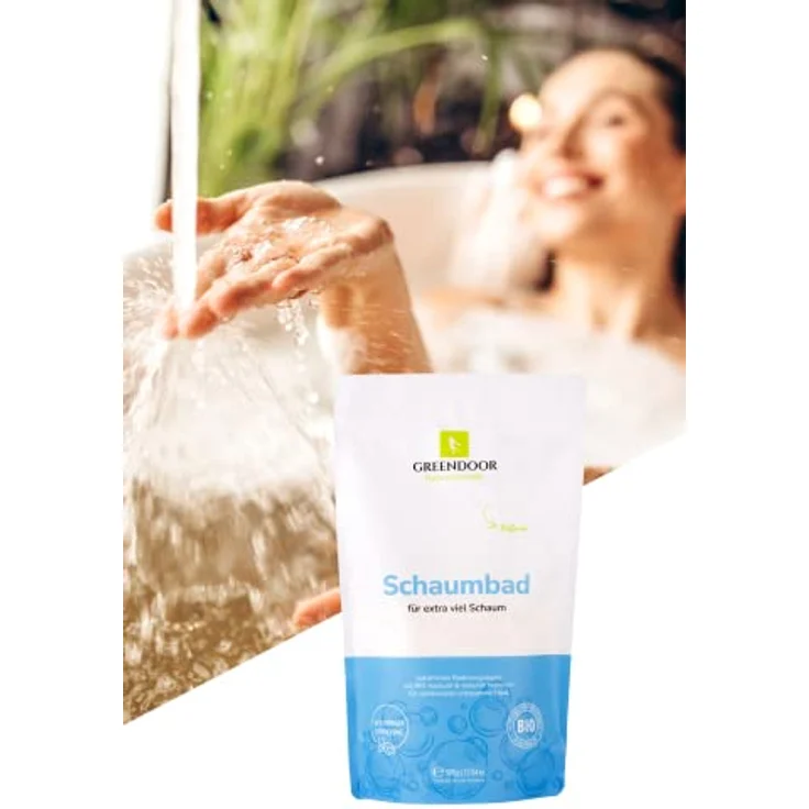 GREENDOOR Bio Schaumbad 500g Pulver Konzentrat mit Bio Jojobaöl und Meersalz, extra mild, für samtweiche Haut, sanfter Duft - Naturkosmetik für Frauen Männer Kinder – Bild 3