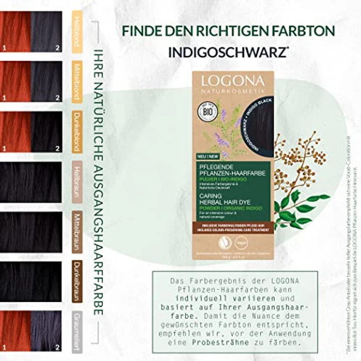 LOGONA Naturkosmetik Pflegende pflanzliche Haarfarbe, Veganes Haarfarbe-Pulver mit Bio-Indigo für intensive Farbe und Glanz, Pflanzenhaarfarbe in Indigoschwarz (Schwarz), 1 x 100g – Bild 5