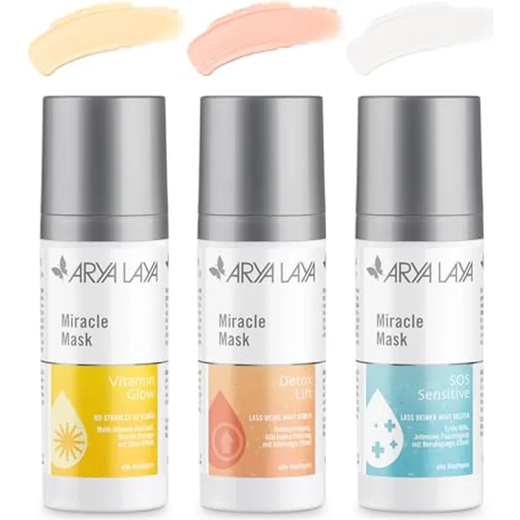 ARYA LAYA Miracle Mask Trio, 3 x 30 ml: Pflegende Gesichtsmasken im Set für alle Hauttypen mit Glow-Effekt, Glättungs-Effekt & Beruhigungs-Effekt