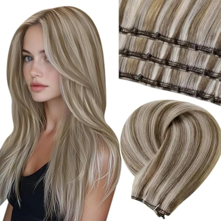 LaaVoo Tressen Echthaar Extensions #P8/60, 50g Blond Highlighted Microbead, 45cm, Remy menschliches Haar, wiederverwendbar und schadensfrei – Bild 1