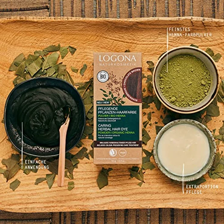 LOGONA Naturkosmetik Pflegende pflanzliche Haarfarbe, Veganes Haarfarbe-Pulver mit Bio-Henna für intensive Farbe und Glanz, Pflanzenhaarfarbe in Schokobraun (Braun), 1 x 100g – Bild 2
