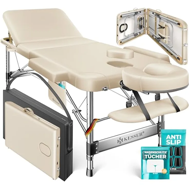 KESSER® Massageliege 3 Zonen, klappbar und verstellbar bis 250kg, tragbarer Koffer, Kosmetik- und Therapieliege, Alu-Kopfstütze, inklusive Tragetasche, Anti-Rutsch, 60cm, Beige