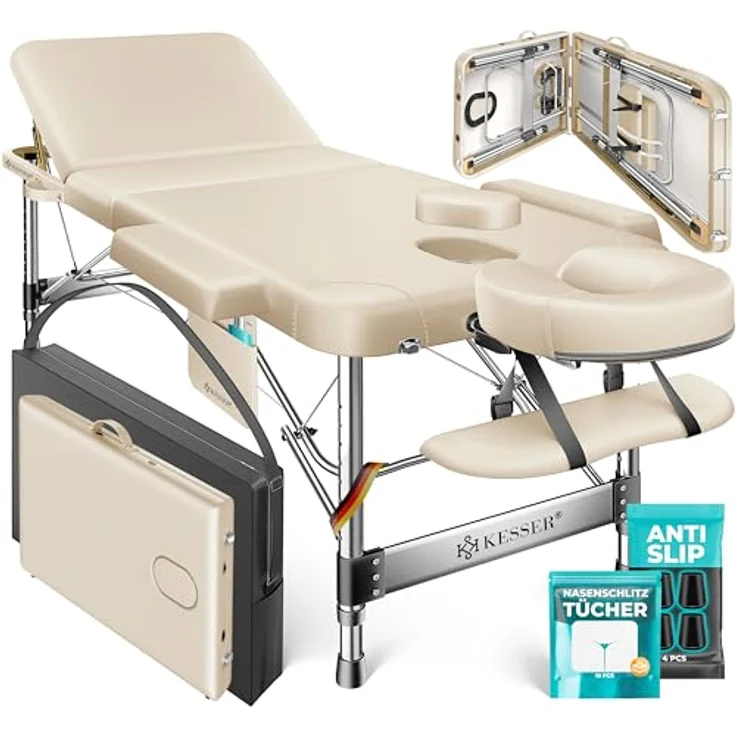 KESSER® Massageliege 3 Zonen, klappbar und verstellbar bis 250kg, tragbarer Koffer, Kosmetik- und Therapieliege, Alu-Kopfstütze, inklusive Tragetasche, Anti-Rutsch, 60cm, Beige – Bild 1