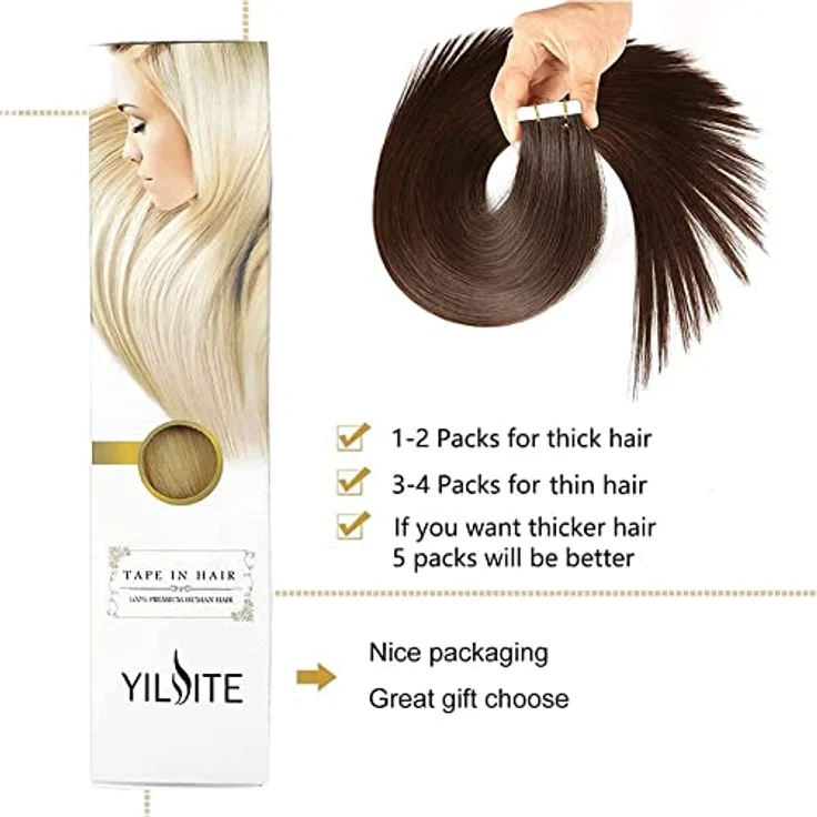 YILITE Tape in Extensions Echthaar 40cm #2 Dunkel Braun, Gerade und Nahtlos, 20 Stück Packung, Remy Haarverlängerungen – Bild 4