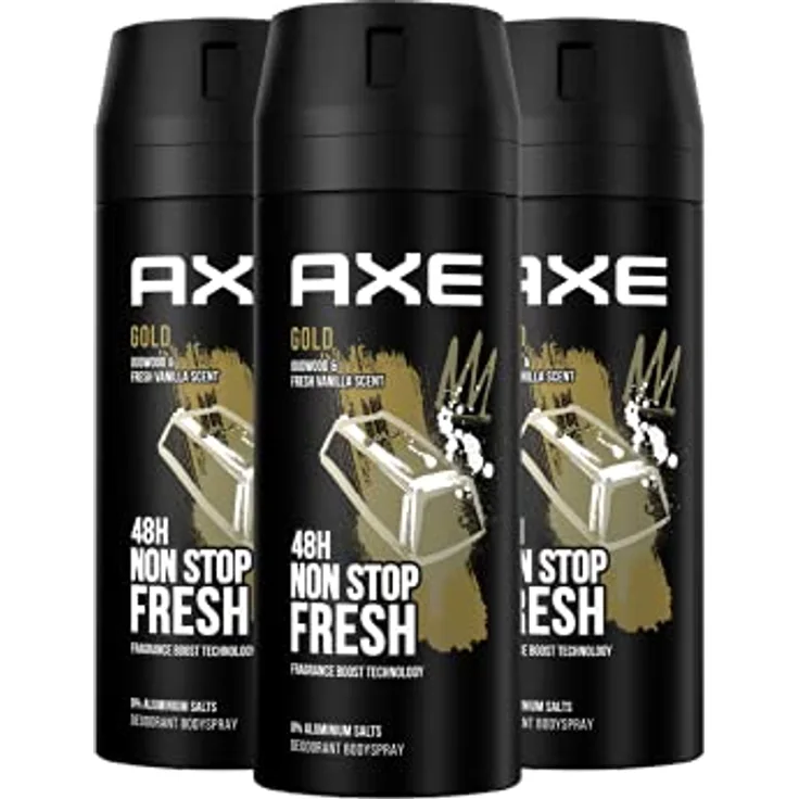 Axe Bodyspray Gold Deo, ohne Aluminium, 150 ml, 3er Pack, bekämpft Körpergeruch mit Agarholz und Vanille, 48 Stunden Schutz