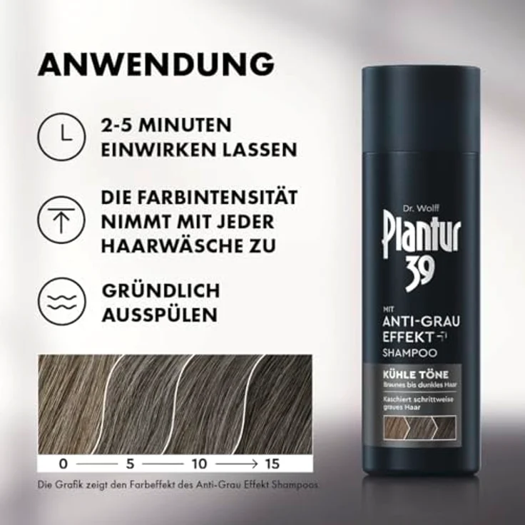 Plantur 39 Anti-Grau Effekt Shampoo, 200 ml - Für kühle Töne, kaschiert graue Haare ohne Färben, Coffein-Shampoo für braunes bis dunkles Haar – Bild 4