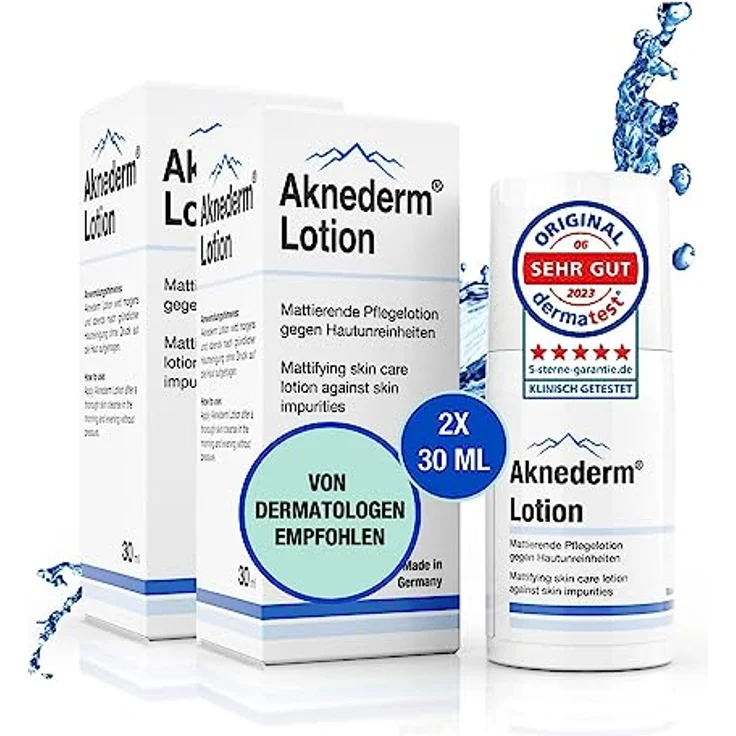 AKNEDERM mattierende Gesichtslotion gegen Pickel & Akne 2 x 30ml - Tageslotion für normale bis fettige & unreine Haut - Creme für fettige Haut, wirkt antibakteriell & reguliert Talg – Bild 1