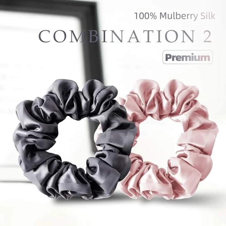 Townssilk Haargummis, 100 % Maulbeerseide, 22 Momme, elastisch, dunkelgrau und rosa, gestreift, 2 Stück – Bild 5