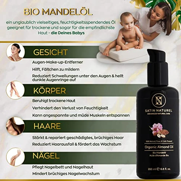 BIO Mandelöl 200ml - Kaltgepresstes, Natürliches Almond Oil - 100% rein & vegan - Ideal für Haut- und Körperpflege - Haaröl & Kopfhaut Pflege - für Aromatherapie und als Basisöl für Massageöl – Bild 2