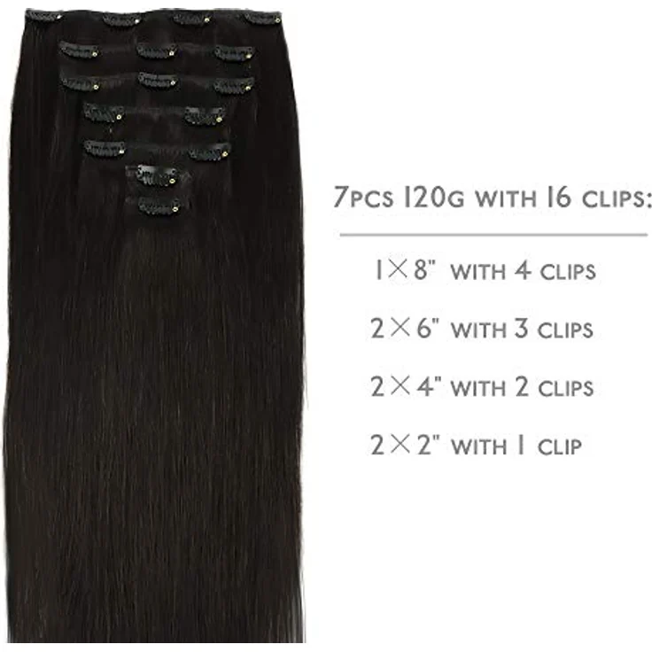 WENNALIFE Clip in Extensions Echthaar, 60cm 120g 7pcs, Natürliches Schwarz, Remy Haarverlängerung mit leichten Clips – Bild 2