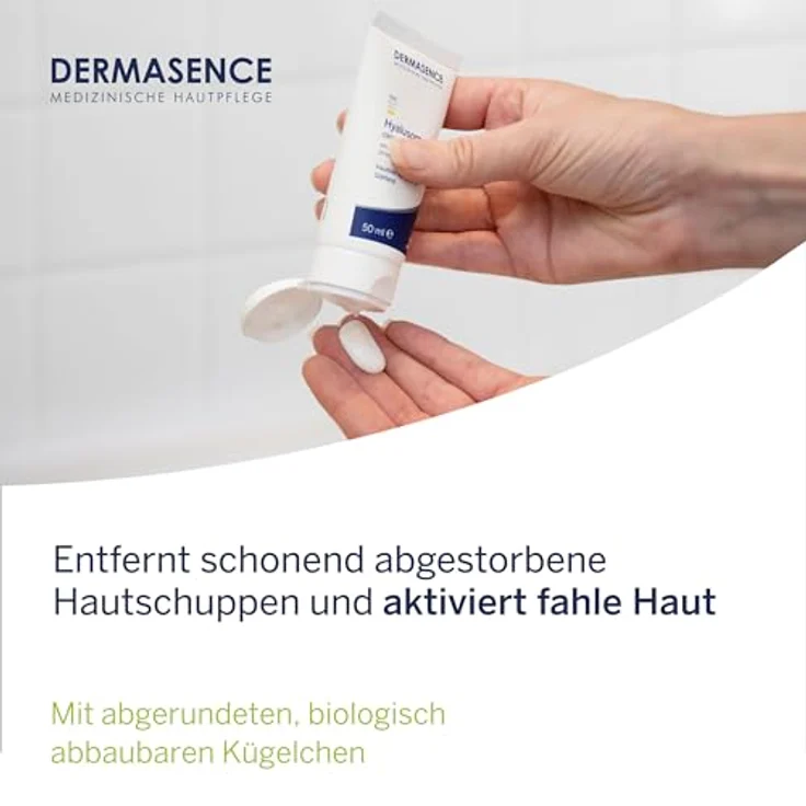 DERMASENCE Hyalusome Creme-Peeling, 50 ml - Pflegendes, mechanisches Peeling - entfernt abgestorbene Hautschuppen und löst Mitesser - mit natürlichen gehärteten Rizinuskügelchen - mit Vitamin E – Bild 3