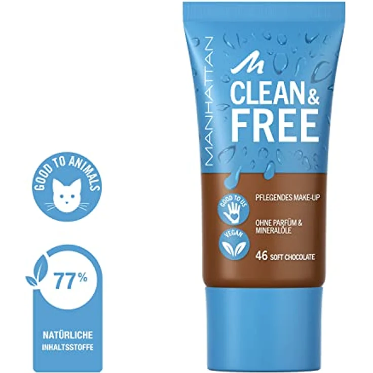 Manhattan Clean & Free Skin Tint Fb. 46 Soft Chocolate, feuchtigkeitsspendendes Make-up, vegan, 30 ml – Bild 4