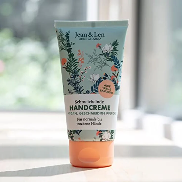 Jean & Len – Schmeichelnde Handcreme Aloe Vera & Basilikum, Handpflege für normale bis trockene Hände, pflegt intensiv, ohne Parabene und Silikone, vegan, Handcreme Tube, 75 ml – Bild 4