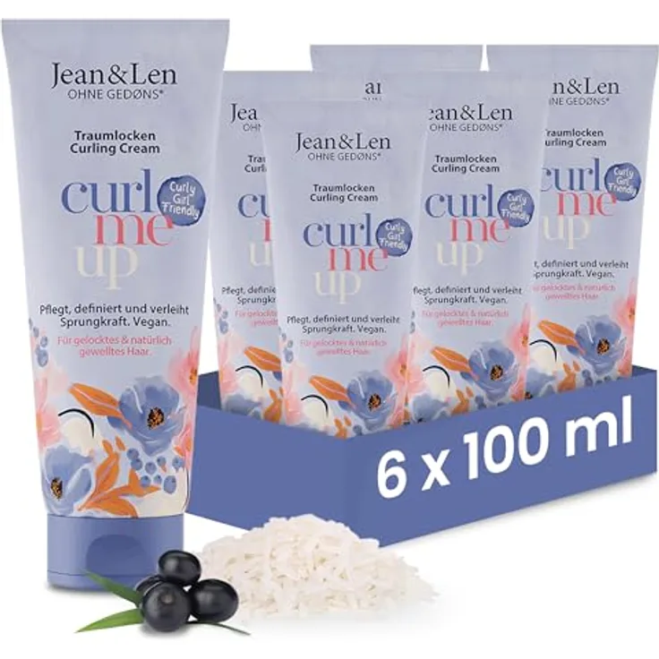 Jean & Len Traumlocken Curling Cream, Reiswasser & Acaibeere, für gelocktes & natürlich gewelltes Haar, 6 x 100 ml, vegan & silikonfrei, definiert Locken, Anti-Frizz Effekt