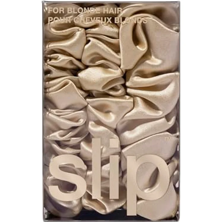 SLIP Silk Back to Basics 3-teiliges Haargummi-Set aus 100% Maulbeerseide - 2 x Scrunchies Mittel, 1 x Groß - Blond - Haarschonende Zopfgummis gegen Haarbruch – Bild 3