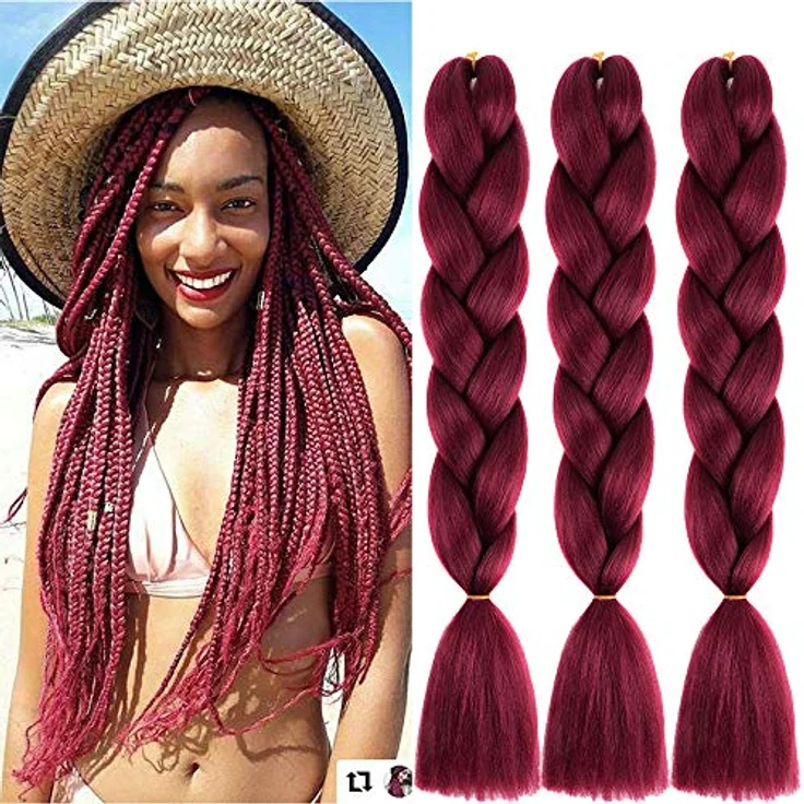 Shangxiu Braids Extensions Weinrot, 3pcs Jumbo Kunsthaar, 24" (60cm), Hitzebeständig, Yaki Textur, DIY Frisuren – Bild 1