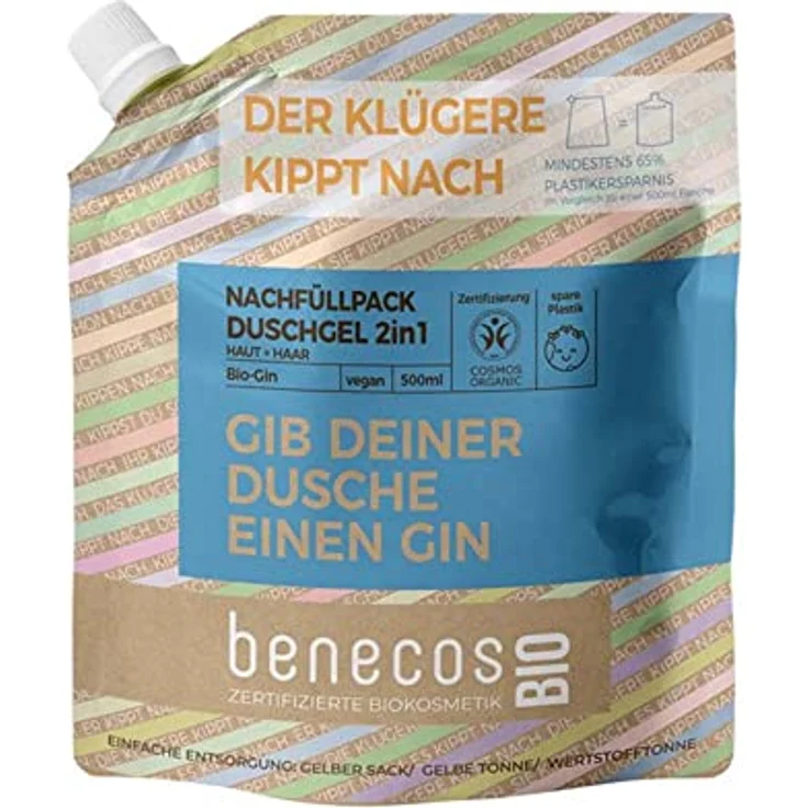 benecosBIO Nachfüllbeutel Duschgel 2in1 BIO-Gin für Haut & Haar, vegan, 500 ml, recyceltes Plastik