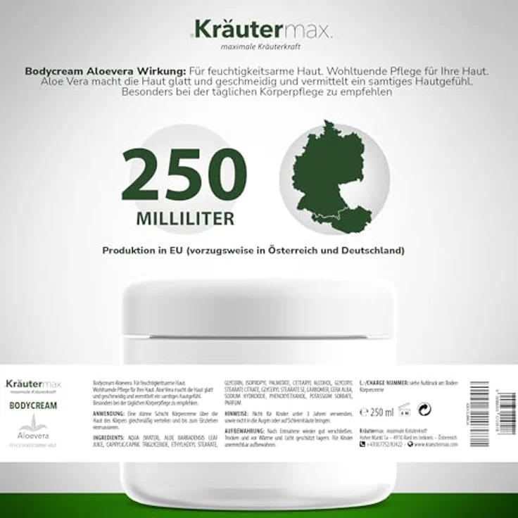 Kräutermax Aloe Vera Creme Bodycreme Lotion mit Aloevera Gel 1 x 250 ml - Feuchtigkeitspflege für geschmeidige Haut – Bild 2