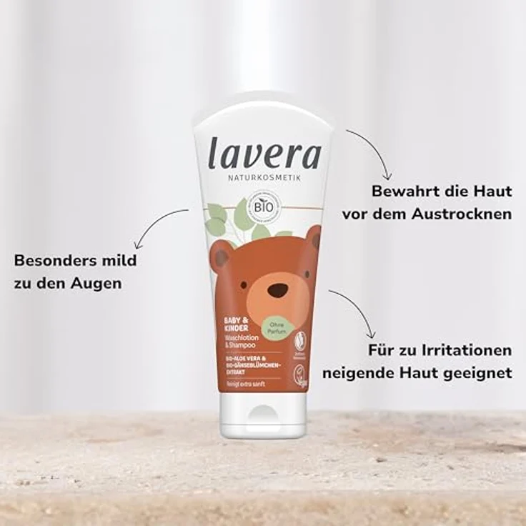 Lavera Baby & Kinder Waschlotion & Shampoo DT, 2-in-1 Reinigung für empfindliche Haut und Haar, 200 ml, vegan und NaTrue-zertifiziert – Bild 3