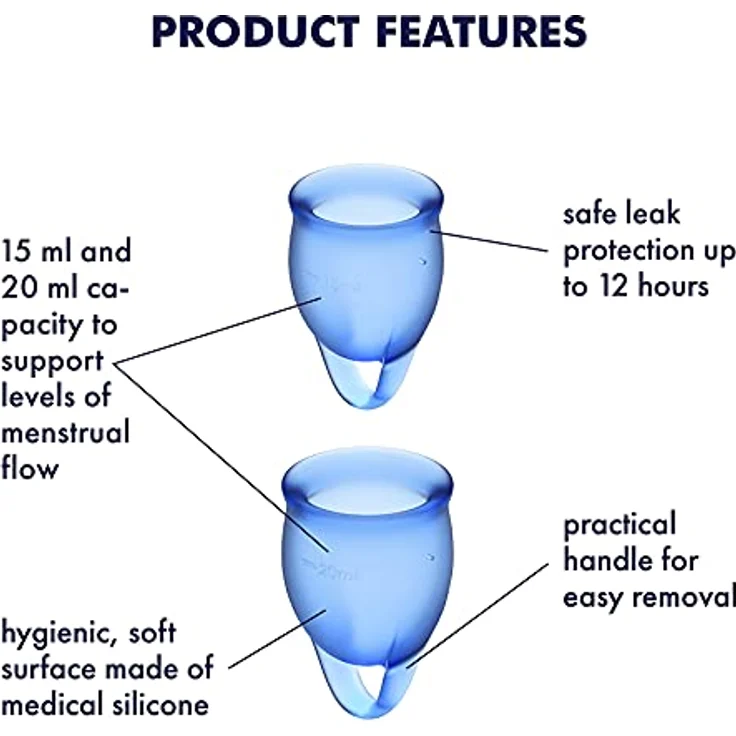 Satisfyer Feel Confident Menstrual Cup, Menstruationstasse Set mit 15 ml und 20 ml, dunkelblau, hypoallergen, wiederverwendbar, umweltfreundlich – Bild 2