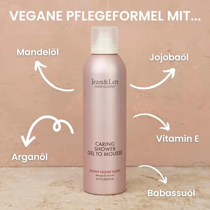 Jean & Len Caring Shower Gel To Mousse Peony & Lychee, Duschschaum mit Mandel-, Jojoba- und Babassuöl, für normale Haut, ohne Parabene & Silikone, vegan, 200 ml – Bild 3