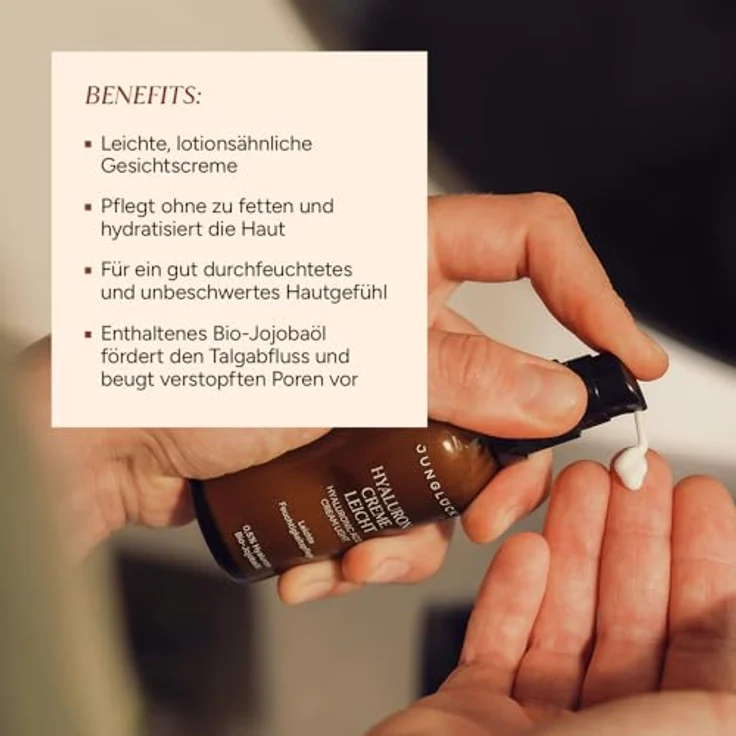 junglück Hyaluron Creme Hochdosiert, Leichte Anti Aging Feuchtigkeitscreme mit BIO Aloe Vera und Squalan, Tages- & Nachtcreme für intensive Feuchtigkeit – Bild 2