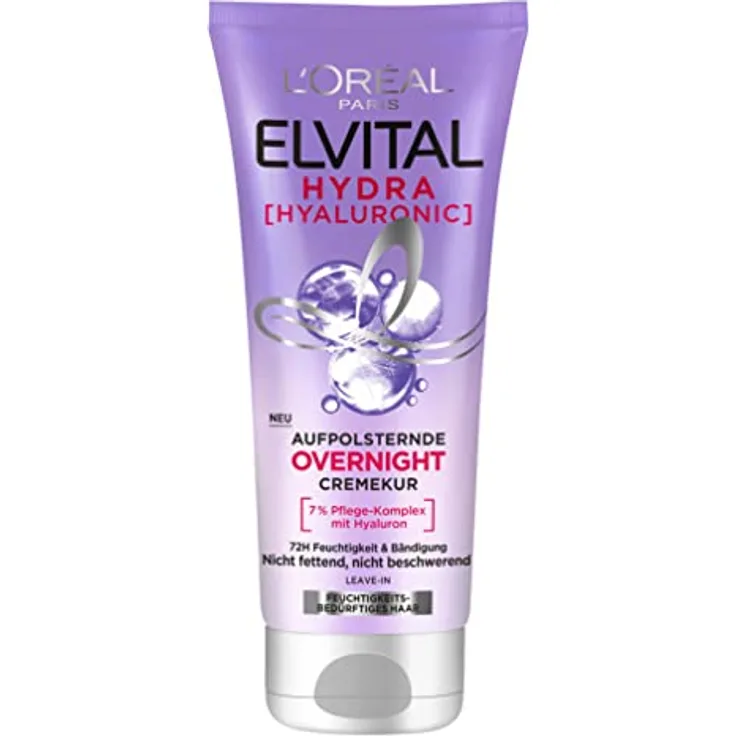 L'Oréal Paris Elvital feuchtigkeitsspendende Haarmaske, Leave In für glänzendes und gesundes Haar über Nacht, Mit Hyaluron für einen Feuchtigkeitsboost, Hydra Hyaluronic Overnight Mask, 1 x 200 ml