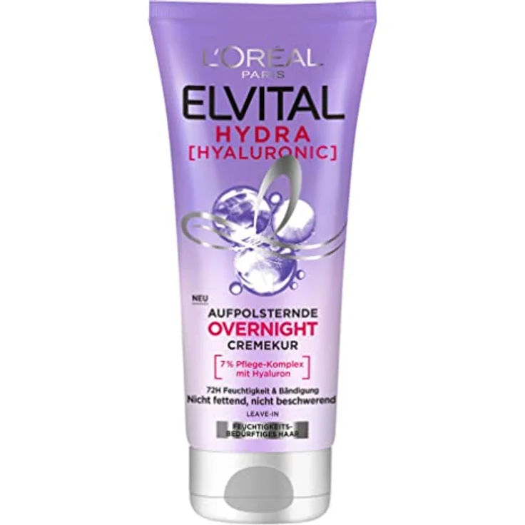 L'Oréal Paris Elvital feuchtigkeitsspendende Haarmaske, Leave In für glänzendes und gesundes Haar über Nacht, Mit Hyaluron für einen Feuchtigkeitsboost, Hydra Hyaluronic Overnight Mask, 1 x 200 ml – Bild 1
