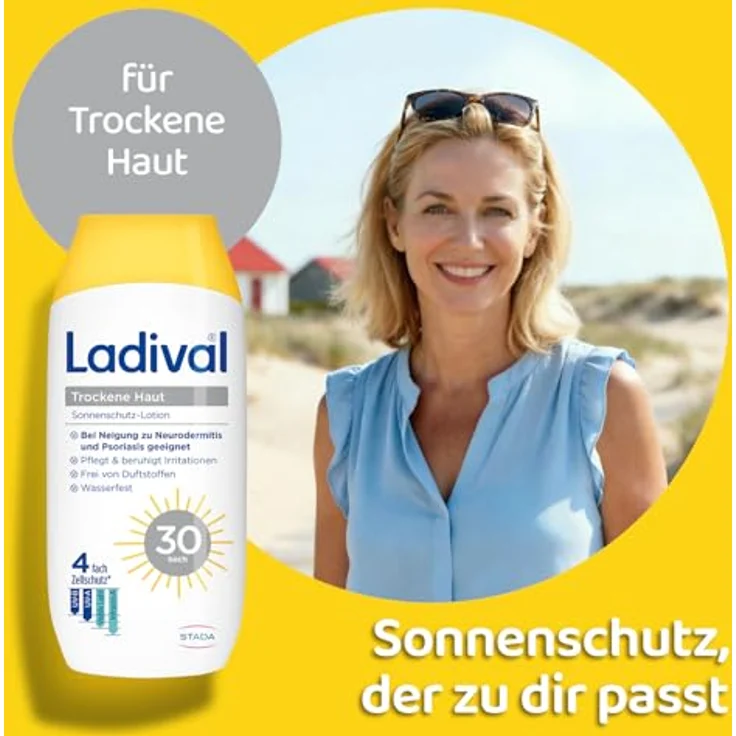 Ladival Sonnenschutz Lotion LSF 30 für trockene Haut, beruhigend und pflegend mit Hyaluronsäure, 4-fach Zellschutz, wasserfest, 200ml – Bild 3