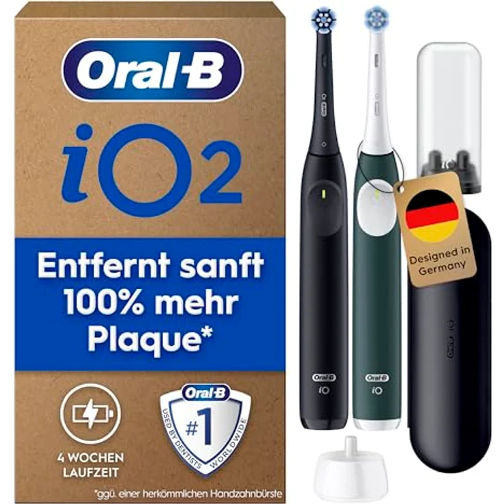 Oral-B iO Series 2 Elektrische Zahnbürste, DUO Pack mit 2 Handstücken, 3 Putzmodi, Reise-Etui, designed by Braun, Night Black und Forest Green – Bild 1