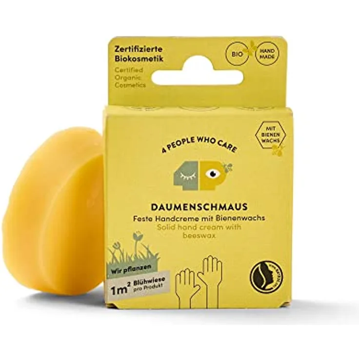 4peoplewhocare Handcreme Bio - Daumenschmaus, Feste Handcreme für trockene und rissige Hände, Aloe Vera, Bienenwachs, Olivenöl, Naturkosmetik (30g - Nachfüller)