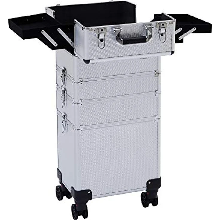 Arebos 4-in-1 Kosmetikkoffer | 4 Fächer & 1 Schublade | Teleskop- und Tragegriff | 8 Schlösser | 4X 360°-Rollen | Samtfutter | Trolley | Make-Up Koffer | Silber – Bild 3