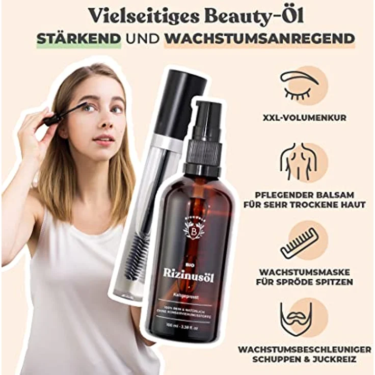 Bionoble Rizinusöl Bio 100ml - 100% Rein, Natürlich und Kaltgepresst - Wimpern, Augenbrauen, Haare, Bart, Nägel - Vegan und Cruelty Free - Castor Oil - Glasflasche + Pipette + Pumpe + Mascara Kit – Bild 2