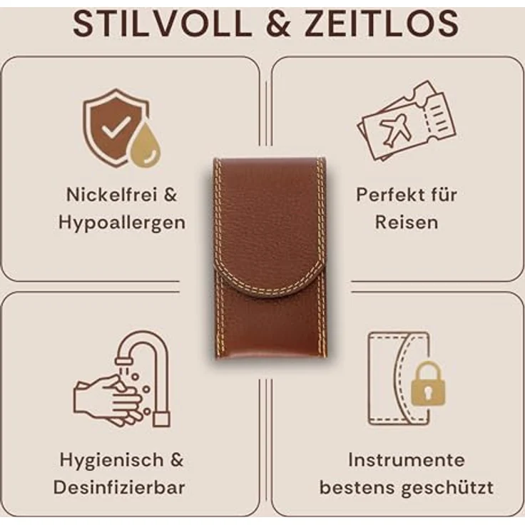 Nippes Classic Maniküre-Set braun, inkl. Kombinierte Haut- und Nagelschere, Saphirfeile & Pinzette, aus rostfreiem Stahl, Rindleder-Etui – Bild 9