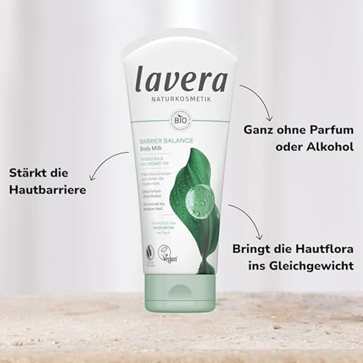 lavera Barrier Balance Body Milk - ohne Alkohol - ohne Parfüm - stärkt Hautbarriere - feuchtigkeitsspendend - Präbiotika - vegan - Naturkosmetik - 200 ml – Bild 3
