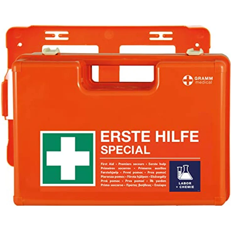 ACTIOMEDIC Erste-Hilfe-Kasten SPECIAL LABOR & CHEMIE, DIN 13157:2021, orange, Notfallkoffer mit Wandhalterung und mehrsprachiger Beschriftung, 42 x 33 x 15 cm – Bild 1