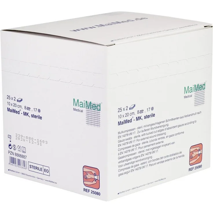 MaiMed Erste-Hilfe-Set MK, sterile 8-fach Mullkompressen aus 100% Baumwolle, 17-fädig, verschiedene Größen verfügbar