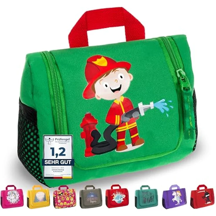 GRINSEZWERGE Kinder Kulturtasche, Reise Kulturbeutel zum Aufhängen mit großem Hauptfach, 3 Reißverschluss- und 4 Netztaschen, inklusive abnehmbarem Spiegel und Namensschild, premium Qualität und praktischer Metallhaken – Bild 1