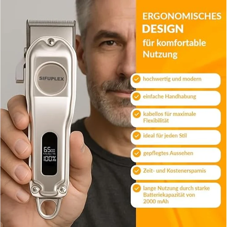 SIFUPLEX Fusionblade Profi Haarschneidemaschine, kabelloser Haartrimmer mit Edelstahlklinge, LED-Display, 3 Std Akku, 4 Aufsätzen für präzise Schnitte – Bild 4