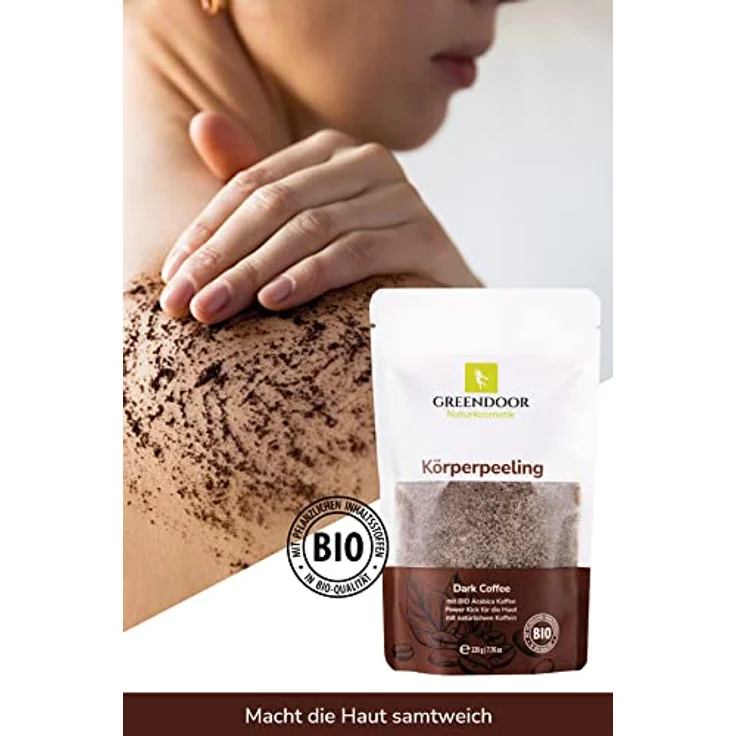 GREENDOOR Naturkosmetik straffendes Natur Körperpeeling Kaffee 220g vegan, gegen Cellulite Schwangerschaftsstreifen, mit BIO Arabica und extra natürlichem Koffein – Bild 4