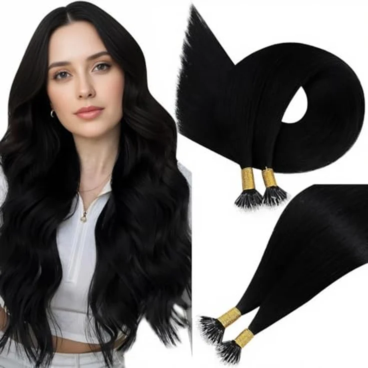 Easyouth Nano Bead Extensions, Echthaar Haarverlängerungen Pechschwarz, 35 cm, 50 Stück, 50g, Pre Bonded, Nano Ring #1 – Bild 1