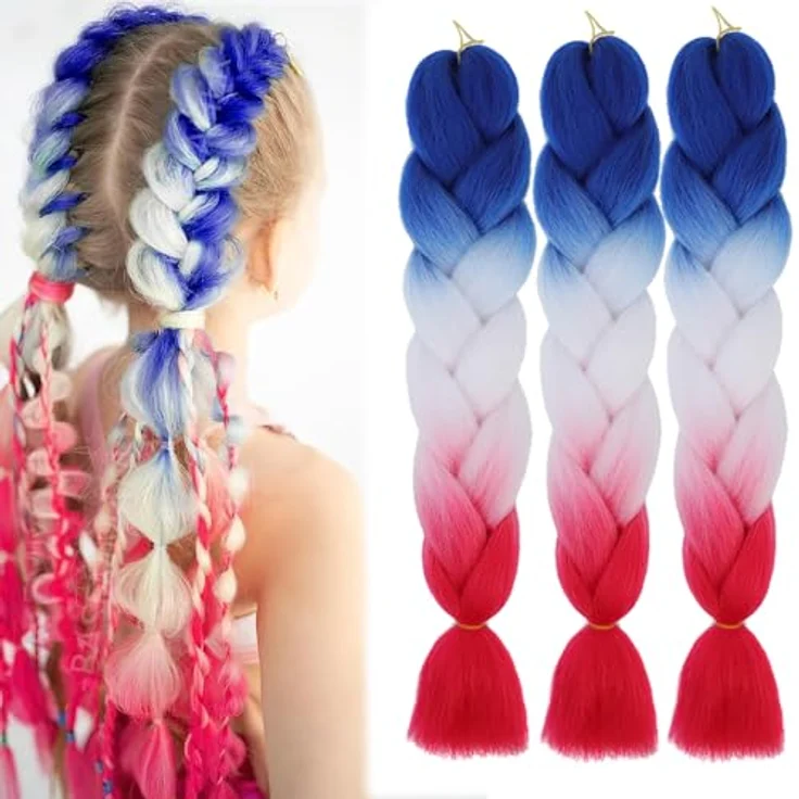 Shangxiu Braids Extensions Ombre, 24" blau-weiß-rot, hitzebeständige synthetische Haarverlängerungen, 300g комплект – Bild 1