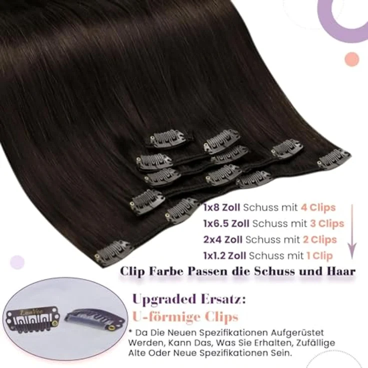LaaVoo Clip-In-Haarverlängerung, Echthaar, dunkelbraun, #2, 5 Stück/80 g, 45 cm, mit doppelter Tresse – Bild 2