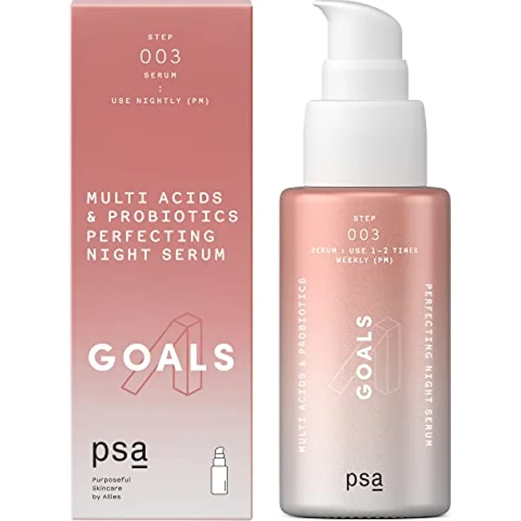 PSA GOALS Multi Acids & Probiotics Perfecting Night Serum: Exfoliating Night Serum with Glycolic, Lactic, Pyruvic, BHA & PHA, Niacinamide, Probiotics. 30 ml/1 oz