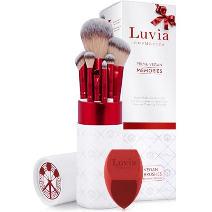 Professionelles Make-up Pinselset Luvia, Geschenkidee, Prime Vegan Memories Velvet Red, Pearl, 7 Schminkpinsel inkl. Pinselaufbewahrung und Blender Schwamm // Prime Vegan Memories Set – Bild 1