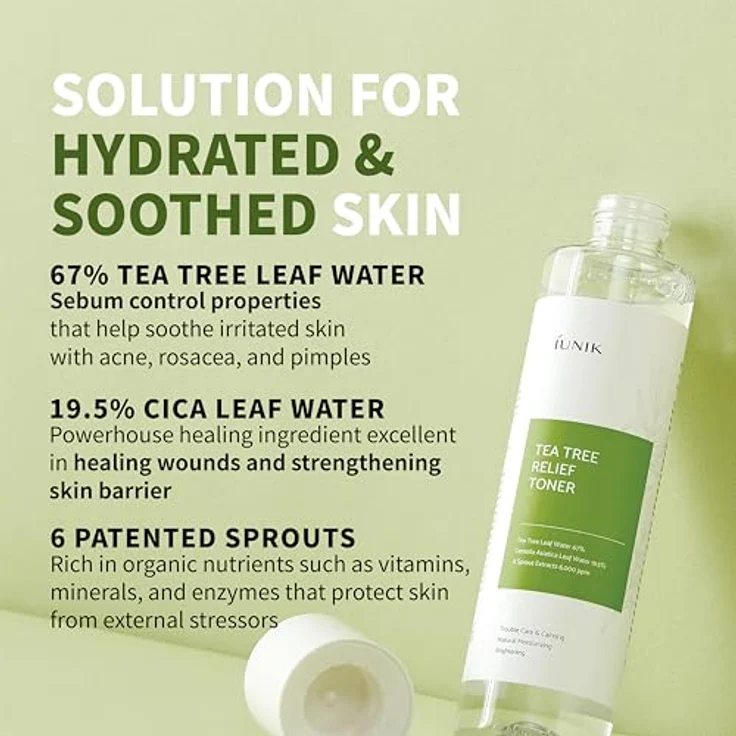 iUNIK Tea Tree Relief, veganes Gesichtswasser, 200 ml – Feuchtigkeitscreme bei Akne, gereizter Haut, Teebaum 67%, Centella Asiatica 19,5% – Bild 3