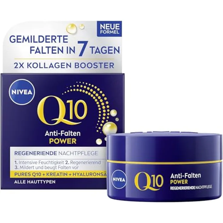NIVEA Q10 Anti-Falten POWER Regenerierende Nachtpflege, straffende Gesichtspflege mit purem Q10, Kreatin & Hyaluronsäure, 50 ml